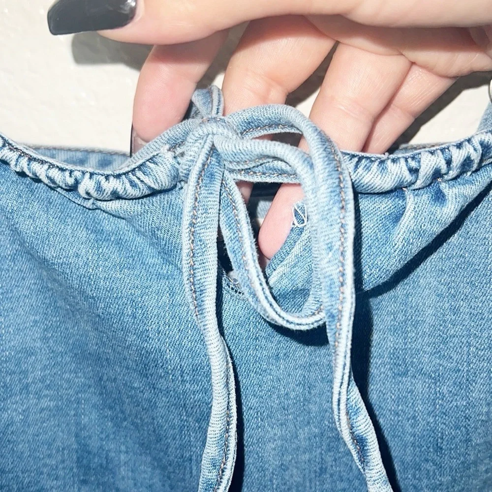 Hollister Chambray Tank Fitted Bodycon Tie Keyhole Front Pull On Mini Dress - Picture 3 of 10